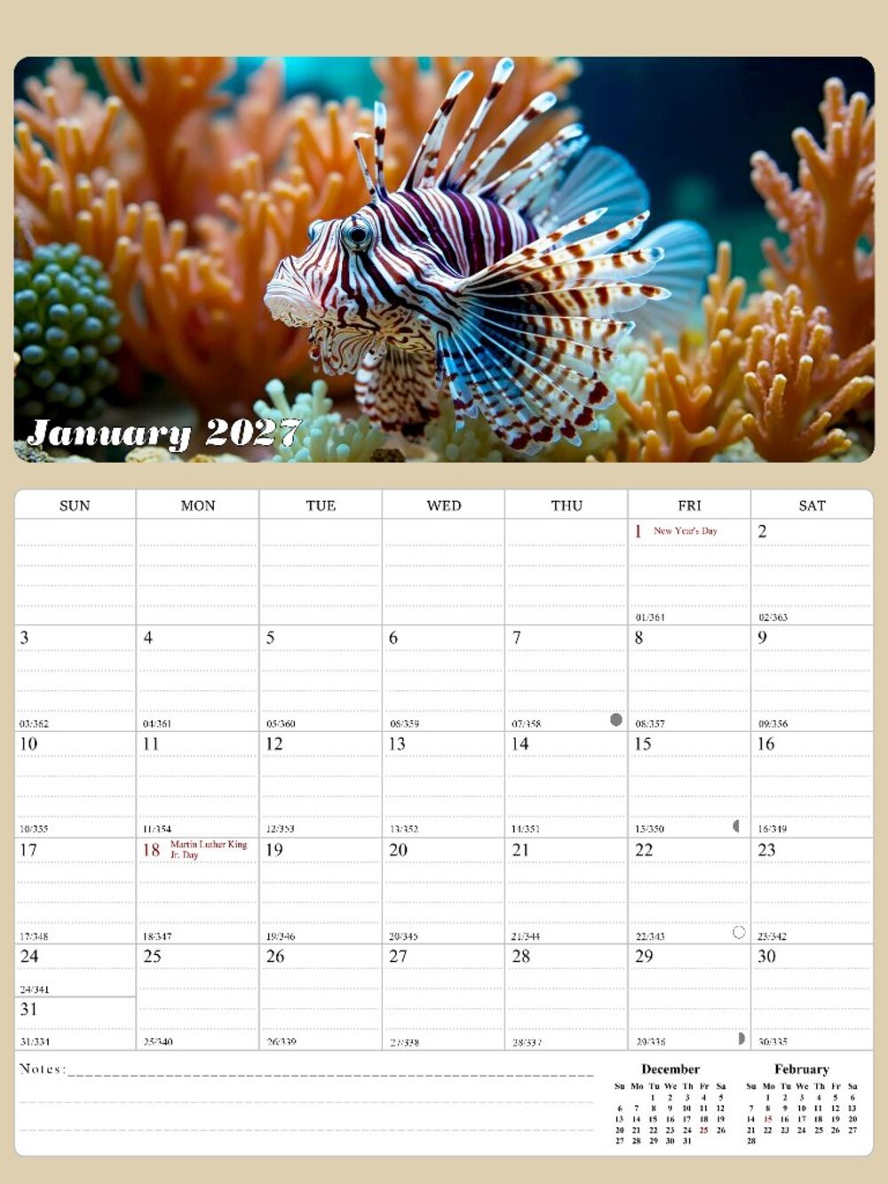 2027 Calendar Magnetic Peel & Stick 12 Months 8.5" x 11" Tropical Fish